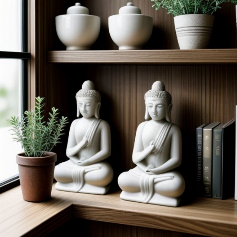 Buddha Salt and Pepper Shakers on a Shelf with Cookbooks